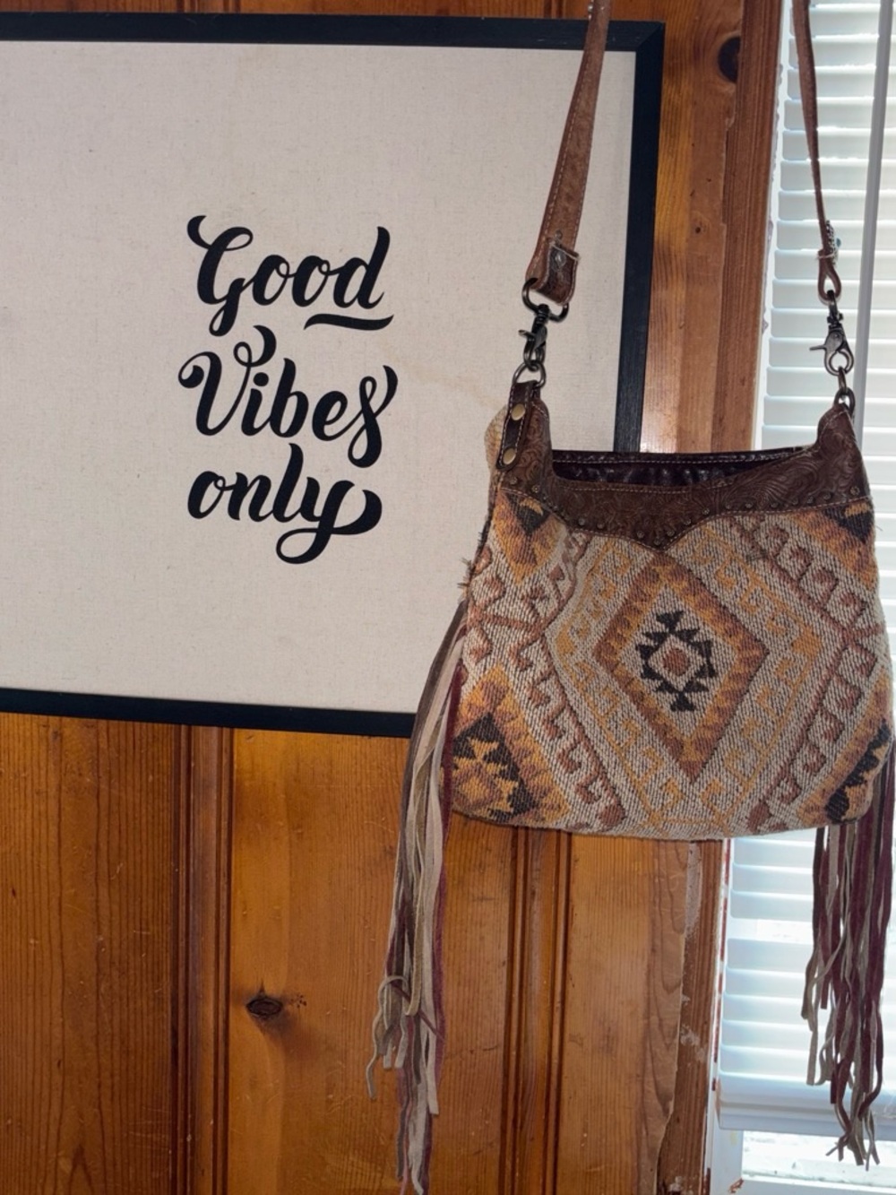 Myra Bag Brown and Tan Boho Fringe Crossbody with Turquoise Accents - Picture 3 of 5
